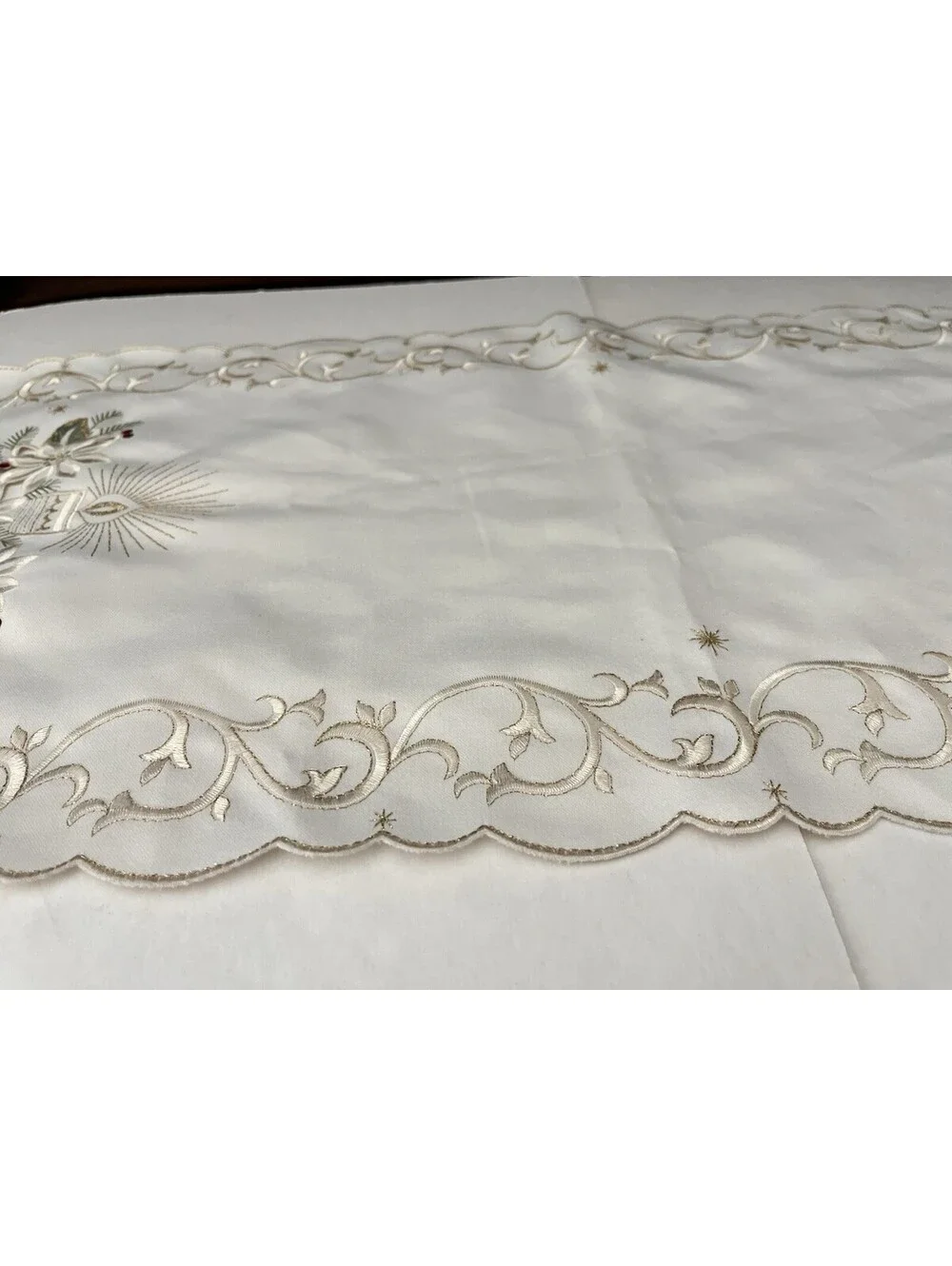 Vintage Table Runner Embroidered With Beautiful Gold Thread Candle Flower 34x14